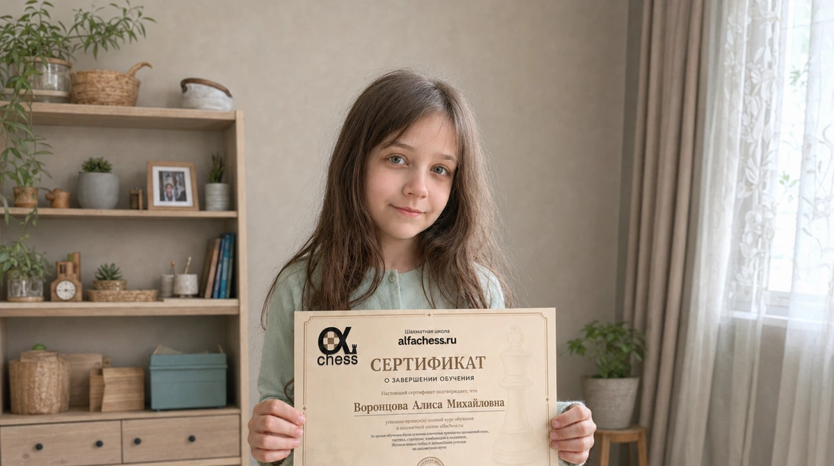 Алиса, 9 лет, с сертификатом Alfa Chess